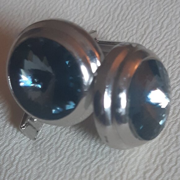 Vintage Blue Rivoli Glass Silver Tone 1/2 Inch Cuff Links - Picture 3 of 9